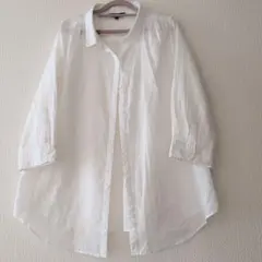 ホワイトリネン100%透け感有 五分袖シャツ Mサイズ