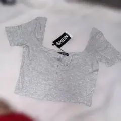 SHEIN 半袖 リブ Tシャツ グレー L
