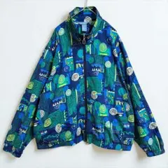 90s レトロ 総柄 ジャケット XL 幾何学 渦巻 青 緑 クレイジーパターンのサムネイル