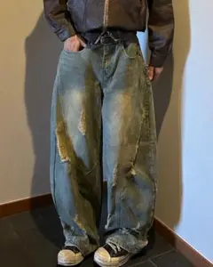 YOLO ダメージカーブデニムパンツ Lサイズ ダメージ加工