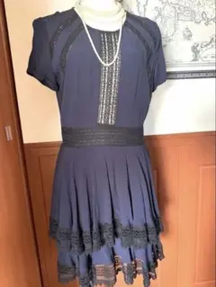 majeマージュネイビー レース半袖ひざ丈ワンピース美品のサムネイル