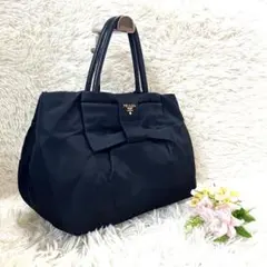 【美品】プラダ ハンドバッグ リボン ゴールドロゴ ナイロン ブラック