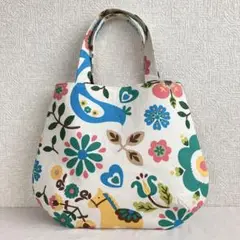 【ハンドメイド】北欧調の花や動物たちの底丸ミニトートバッグ