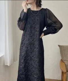 Rejoule ジャガード異素材切替ロングワンピース ブラック　低身長