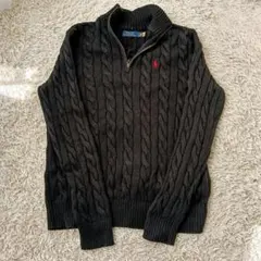 ラルフローレン　ケーブルニット　ハーフジップ　黒　赤ロゴ　Mサイズ