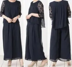 〈未使用品〉LL ネイビー ワイドパンツドレス♪セットアップ♪上品レース
