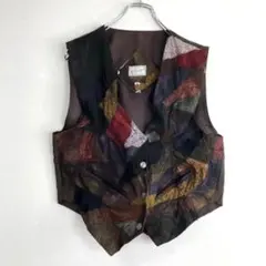 レザー パッチワーク デザイン 切り替え ベスト ジレ レディース 古着