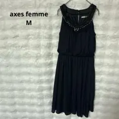 アクシーズファム ビジューレース切替ワンピース 紺（M） シフォン