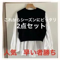 レイヤードデザイン❤️ ニットベスト＆ペプラムデザイン長袖ブラウス付き２点セット