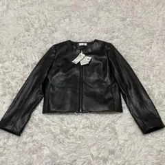 新品・未使用　index ノーカラー　レザー ジャケット　合皮　黒　ブラック