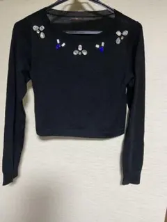 ビジュー装飾 黒 クロップドニット