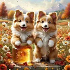 秋のニットと蜂蜜＊シェルティ＊17×17cm／6柄パネル生地