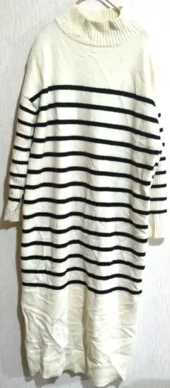 美品✨アイボリー・ネイビー ストライプ ニットワンピースオトナ女子