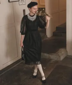 BONLECILL noir オケージョンドレス 総レースドレス 黒 七分袖 M