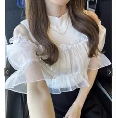 オーガンジートップス×リブニットアンサンブル GRL