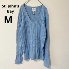 水色 Vネック ケーブル編み セーター 【M】 綿ニット