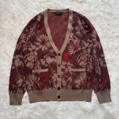 【デザインカーディガン】総柄　花　鳥　Ｌ　古着
