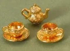 ミニチュア ティーセット ドールハウス 撮影小物 ティーポット＆カップ　ゴールド