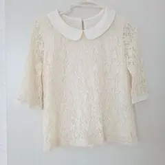 アイボリーレース襟付き五分袖ブラウス〜L