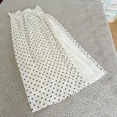 極美品♥ems ♥プリーツロングスカート【F】クリーム 黒ドット柄総ゴムゆったり