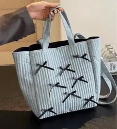 ブルー ヌビバッグ リボン キルティング 2way マザーズバッグ ポケット付