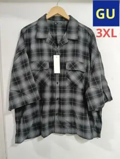 GU ジーユー オープンカラーボクシーチェックシャツ 5分袖 3XL ブラック