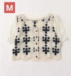 新商品　レディース　透かし編みカラーショートカーデ M ネイビー