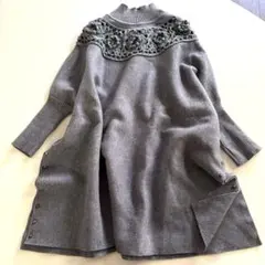 洗える グレー ドルマンニット 長袖 クロシェ編み かぎ針編み 花 モチーフ