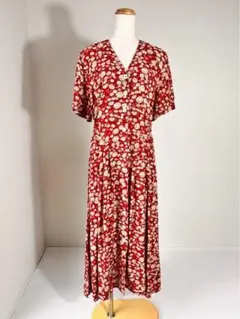 花柄 フラワープリント 前開き 総柄 半袖 ロング ワンピース レッド Y714