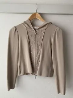 【Rene ルネ】リボン装飾 リブカーディガン 日本製 ベージュ 長袖 上品 S Rene（ルネ） 長袖リブニットカーディガン 6432910