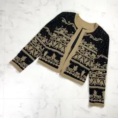 総柄ニットジャケット カーディガン ベージュ 黒 サイズM~L相当*MD525