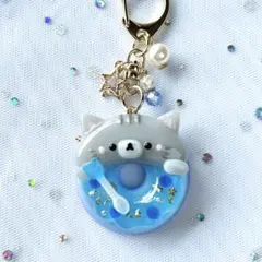 ねこ　ブルー　ゼリー　フェイクスイーツ　ドーナツ　キーホルダー