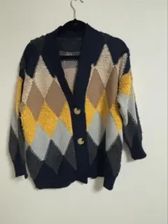 アーガイル柄 ニットカーディガン 立体編み イエロー グレー ネイビー 秋冬