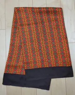 シルクスカーフ　オリジナル一品物　レトロ柄　朱・茶色系