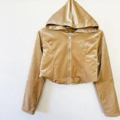 ベロアフード付きショート丈パーカーM　肌色ベージュ　ストレッチ　韓国ファッション