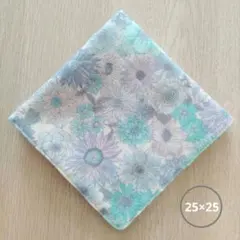 ハンドメイド ガーゼハンカチ大判(25×25)花柄ブルー×ブルードット
