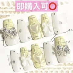 ネイルチップ現品オーダー量産型フレンチガーリーツイード韓国ワンホン白黄色イエロー