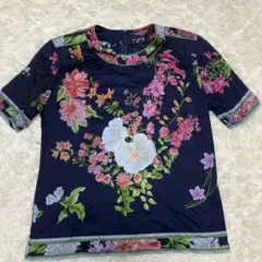 レオナール☆カットソー シャツ 半袖 総柄 花柄 チェーン トリム