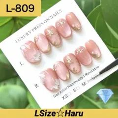 【L-809】水光マグネット♡上品ピンク×金箔ニュアンスネイルチップ［L］