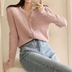 SHEIN DAZY リブ素材 長袖カーディガン ピンクのサムネイル