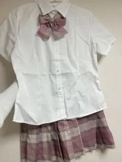 制服　高校生　コスプレ　Sサイズ　白ピンクチェック