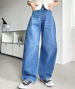 moment➕ ワイドレッグデニムパンツ ブルー L