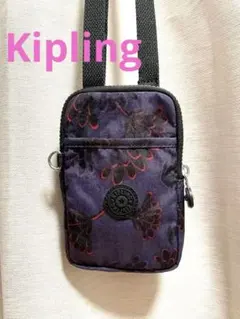 【美品】キプリング スマホショルダーバッグ 花柄 紫色 パープル