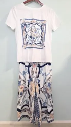 セットアップ　スカーフ柄　花柄　青　XL