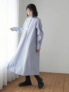 グリーンパークス　ストライプ柄 フリルネック シャツワンピース