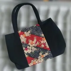 和装用バッグ 黒地 花柄 和柄