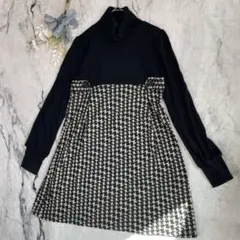 長袖薄手ニットワンピース　タートルネック　千鳥格子柄　切り替えワンピ　清楚