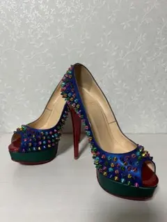 美品◎クリスチャン ルブタン マルチカラースタッズ オープントゥ