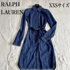 美品 ラルフローレン ベルト デニムワンピース シャツワンピース 細身 ブルー