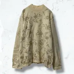 2622♡バシェチング♡総柄ニット ベージュ L ハイネック 秋冬 アンゴラ混